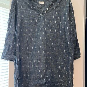 Hatley Navy Button-Neck Shirt with White Anchor Print